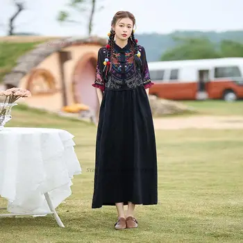 2023 традиционное китайское платье в стиле пэчворк, национальное платье без рукавов с цветочной вышивкой, восточное элегантное хлопковое льняное винтажное платье